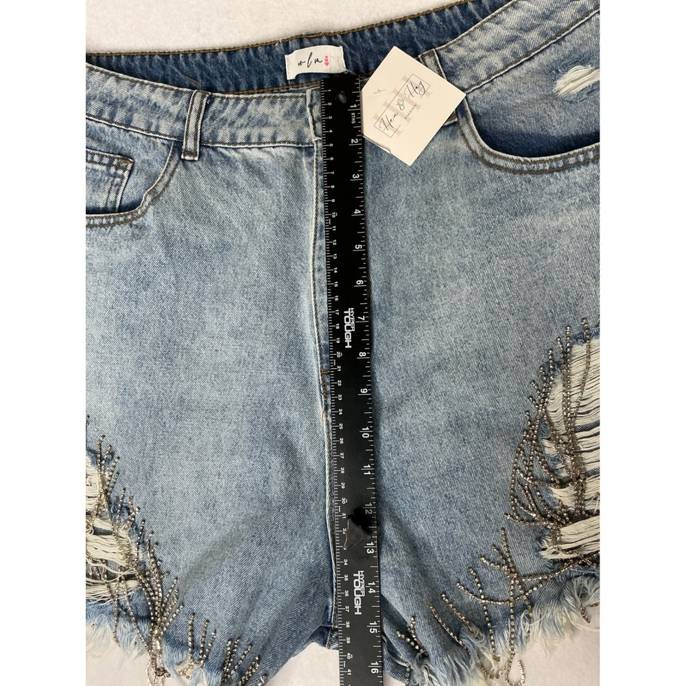 Hen‎ & Hay Diamond Glitz Distressed Rhinestone Fringe Denim Shorts Light Wash XL - Picture 8 of 9